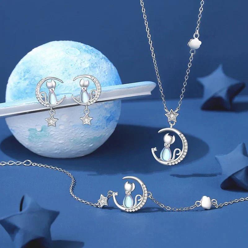 Pendientes de gato con luna, estrella y zirconia en plata de ley 925 - Image 2