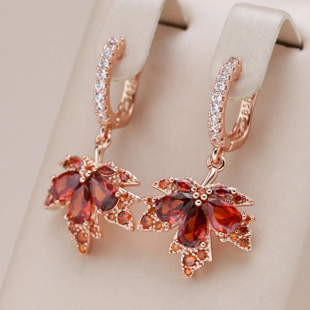 Pendientes  Elegantes de Hoja Roja con Cristal