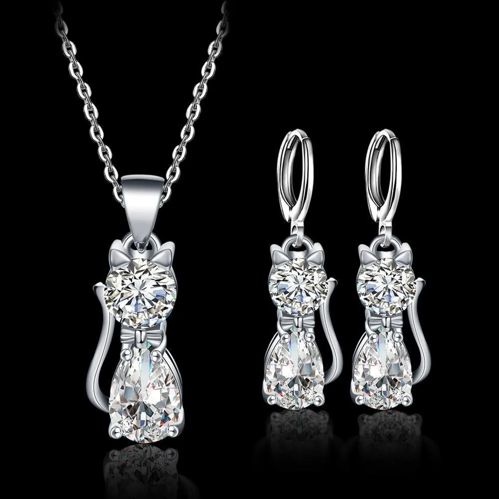 Set Collar + Pendientes Gatos Felices en Plata de Ley y Zirconio Blanco Pulido