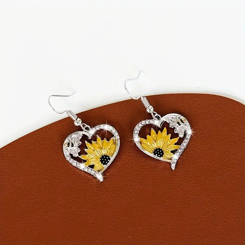 Pendientes Vintage Boho de Corazón con Girasol y Abeja - Image 4